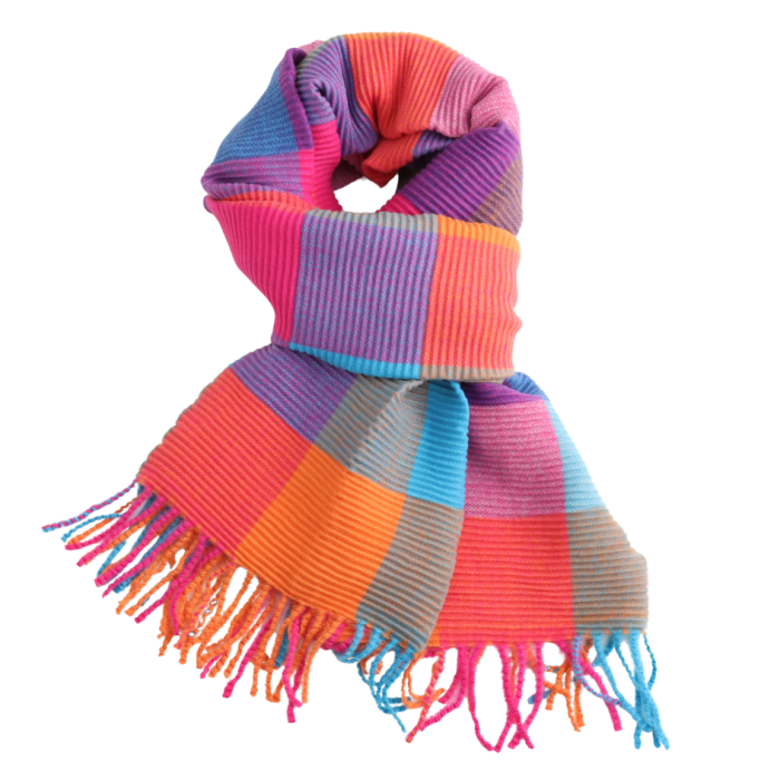 A multicolor plaid scarf with fringed edges, featuring stripes of pink, orange, blue, purple, and gray, arranged in a loop on a solid white background.