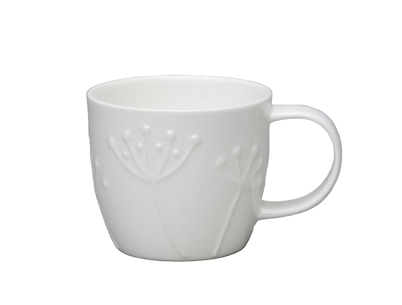 White ceramic mug with subtle design on a white background