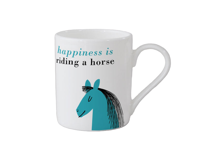 Mug with a horse illustration and text on a gray background