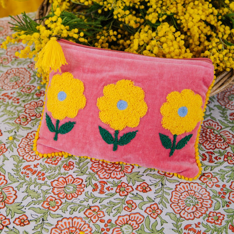 Large Triple Flower Velvet Purse Pink and Yellow