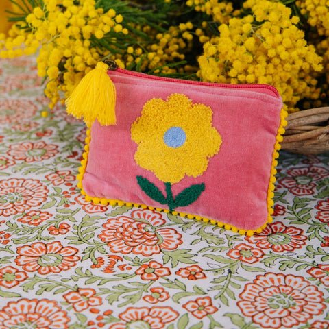 Single Flower Velvet Purse Pink and Yellow