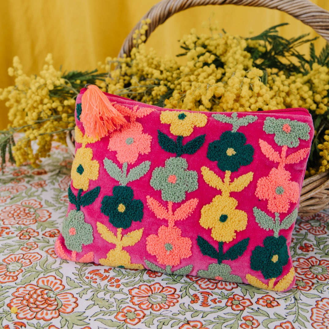 Large Multi Flower Velvet Purse Pink