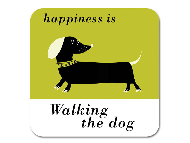 Saying 'happiness is walking the dog' with a dachshund illustration on a green and white background