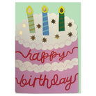 Birthday card with cake design and candles on a light green background