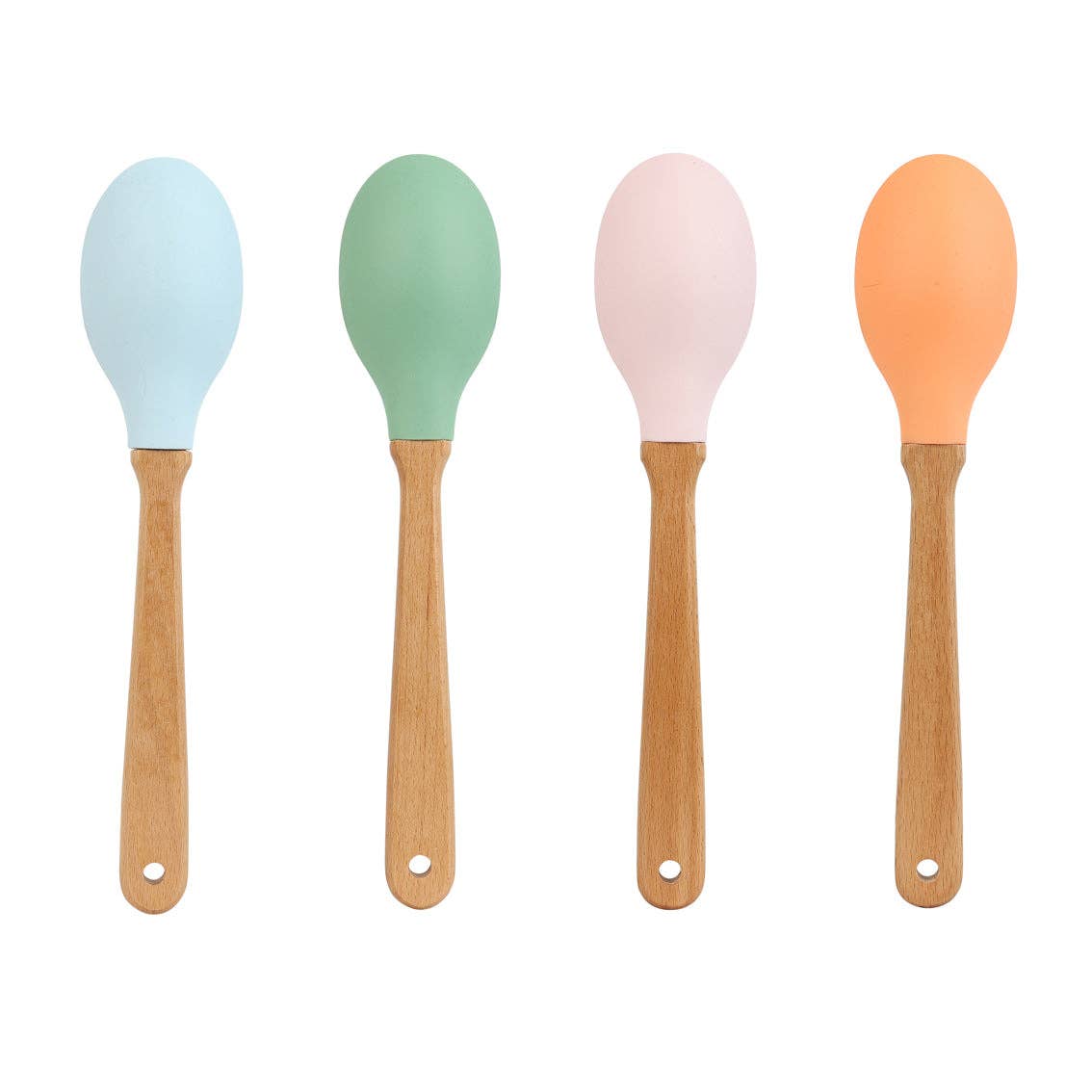 Four colorful spoons with wooden handles on a white background