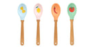 Four colorful spoons with wooden handles on a white background