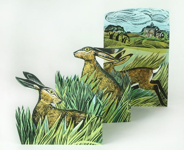 Hares and Open Fields trifold greetings card designed by Angela Harding. 