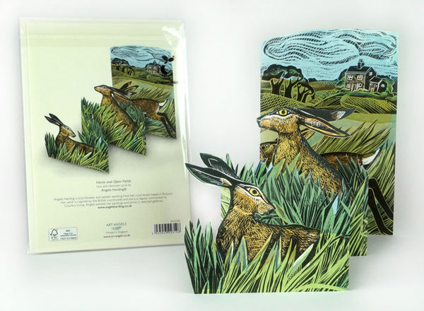 Hares and Open Fields trifold greetings card designed by Angela Harding. 