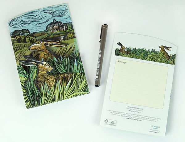 Hares and Open Fields trifold greetings card designed by Angela Harding. 