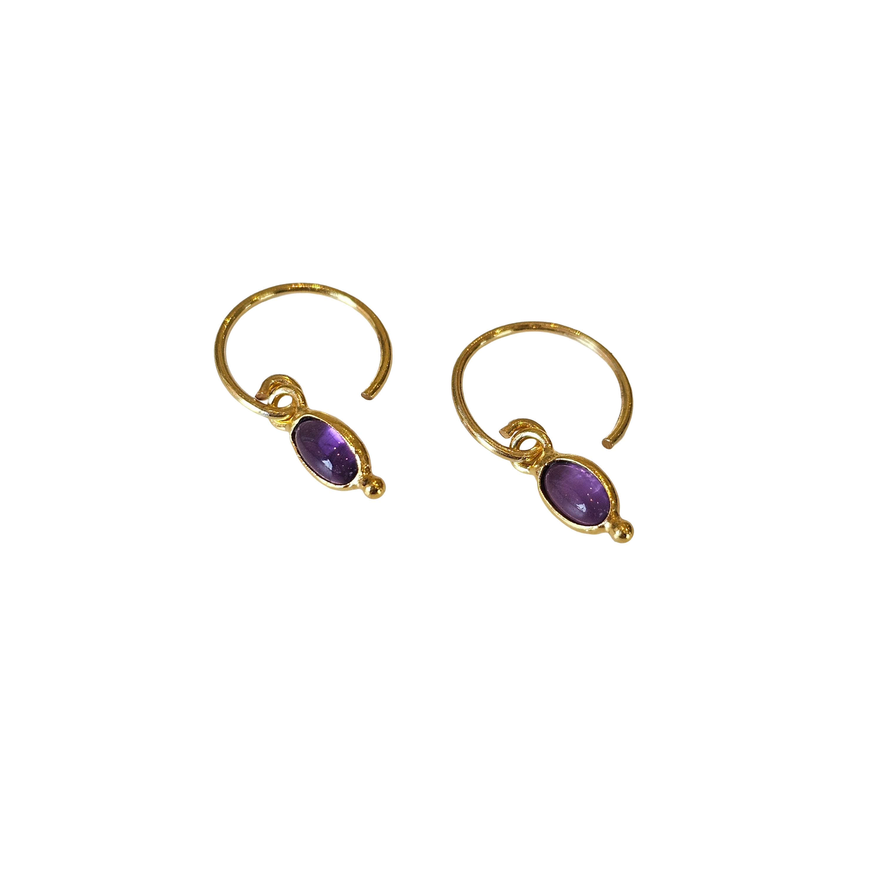 Gold hoop earrings with amethyst gemstones on a white background