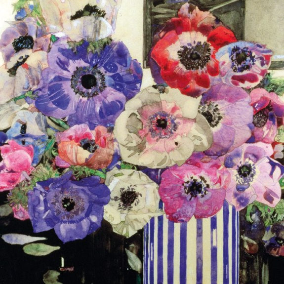 A greetings card featuring artwork of colourful anemone flowers in a striped vase.