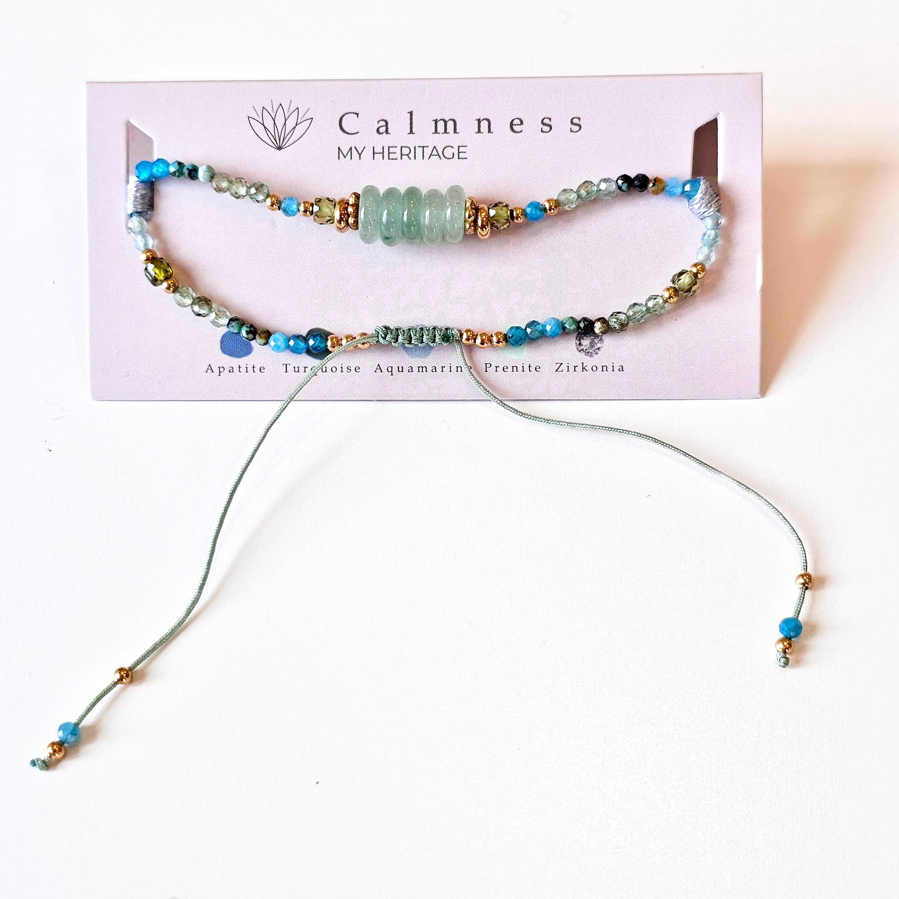 Gemstone and gold beaded bracelet on card with Calmness branding