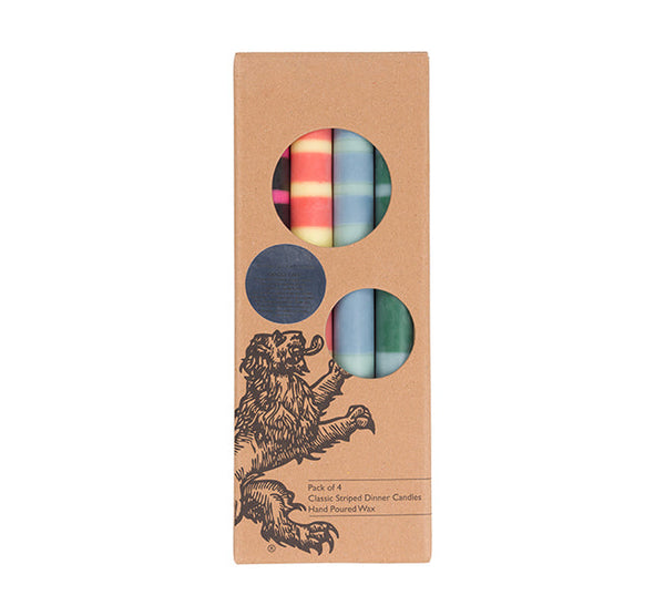 Striped Reds, Oranges and Blues Eco Dinner Candles, Mixed Pack Of 4