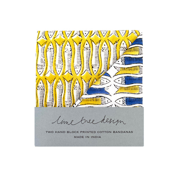 cotton printed bandana head scarf neck scarf with fish in yellow 