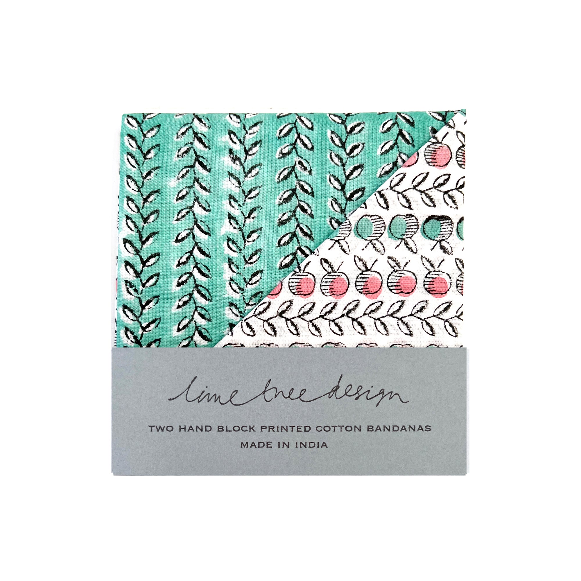 2 Block Printed Bandanas - Pink and Green Apples