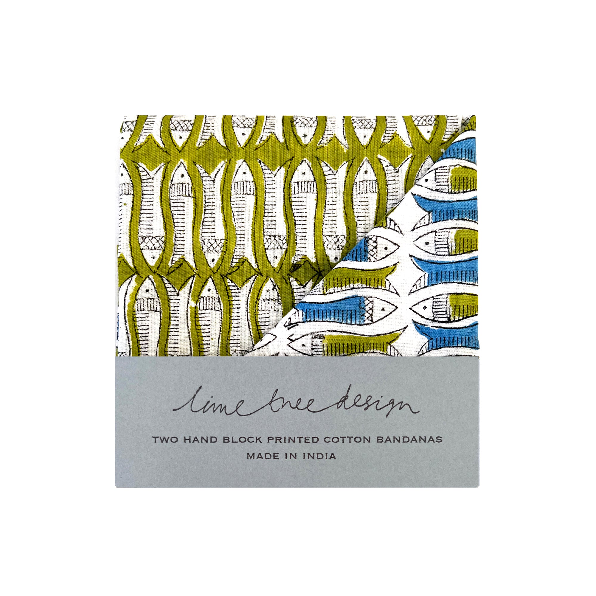 olive and blue fish cotton bandana