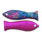 Two fish-shaped sachets, in pink and blue patterned fabric on a white background