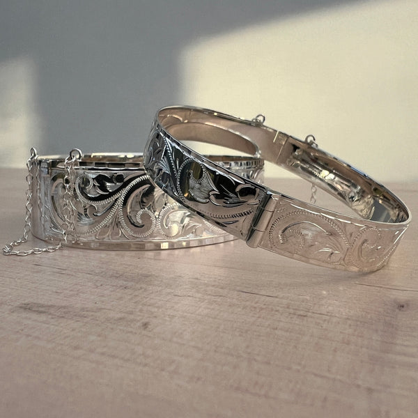 Hand Engraved Vintage Style Bangle Sterling Silver 10mm