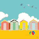 Greetings card featuring artwork of colourful beach huts on yellow sand with a blue sky and a beach ball in the corner.