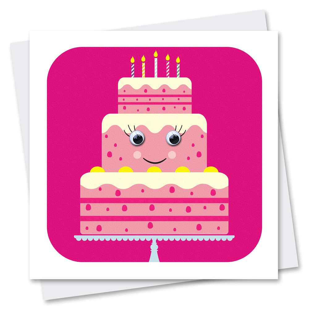 Illustrated greeting card featuring a pink three-tiered birthday cake with five candles and googly eyes on a magenta pink background and white border. 