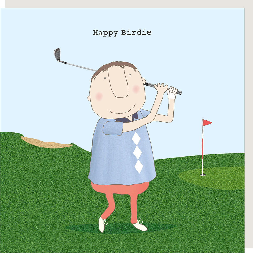 Cartoon character playing golf with 'Happy Birdie' text on a blue background