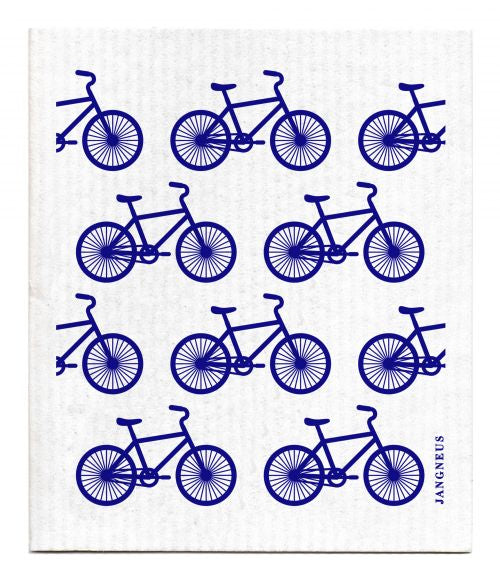 White cloth with blue bicycle pattern and 'Jangneus' branding