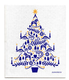 Decorative towel with a blue Christmas tree design featuring Dala horses and trees on a white background, branded 'Jangneus'.