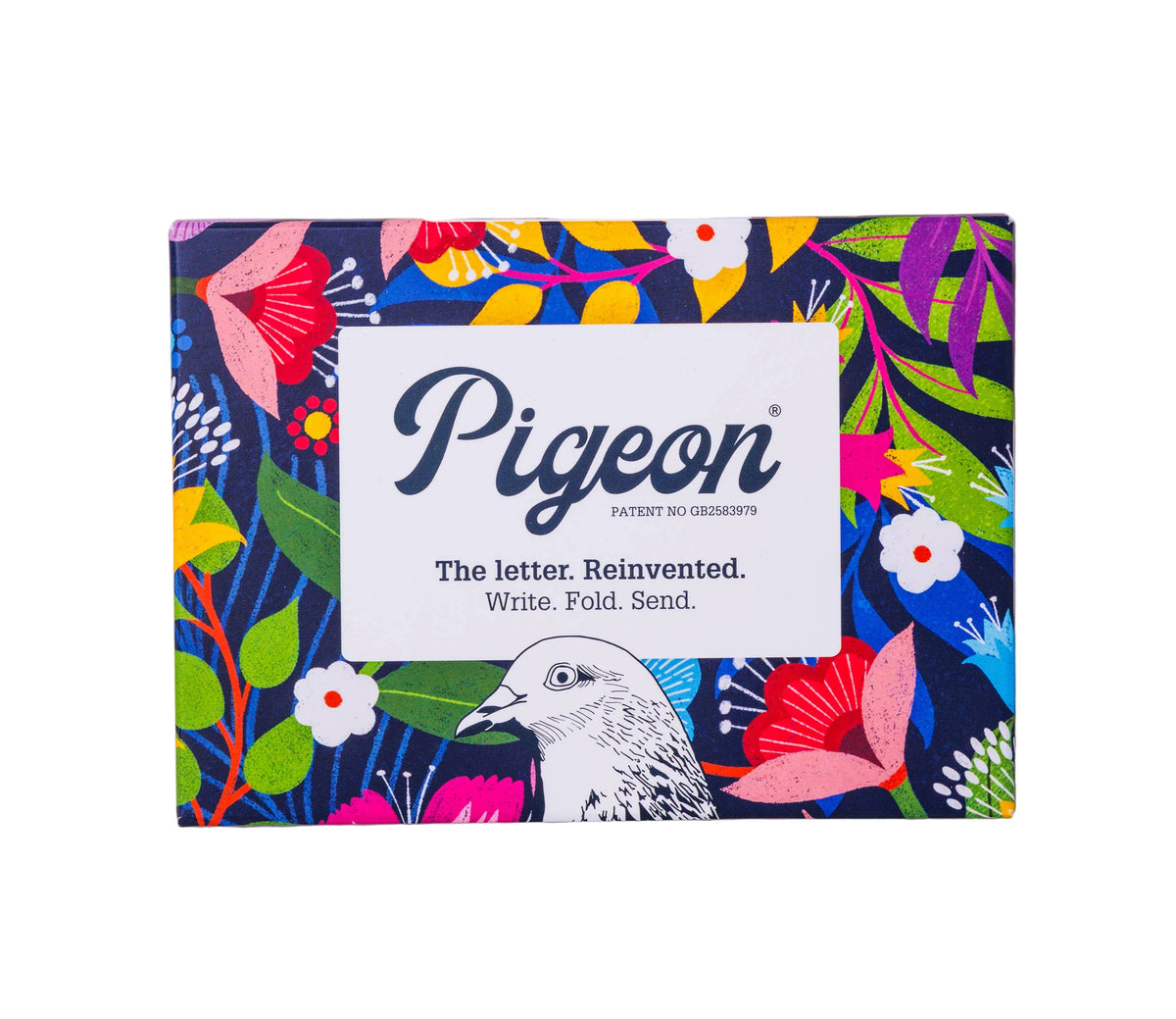 Colourful box with floral design and 'Pigeon' branding on a grey background
