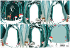 Woodland scene with deer, fox, and owl in a snowy forest setting.