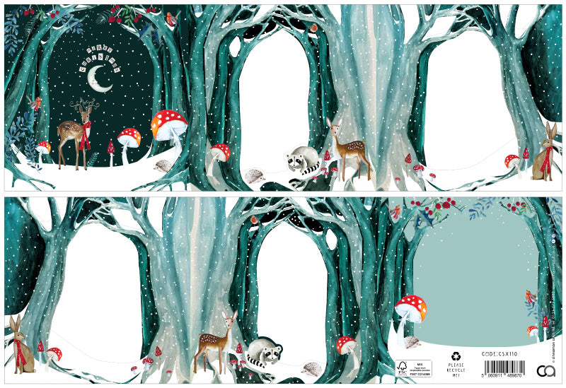 Woodland scene with deer, fox, and owl in a snowy forest setting.