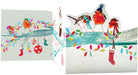 Christmas card with birds, lights, and stockings on a snowy background