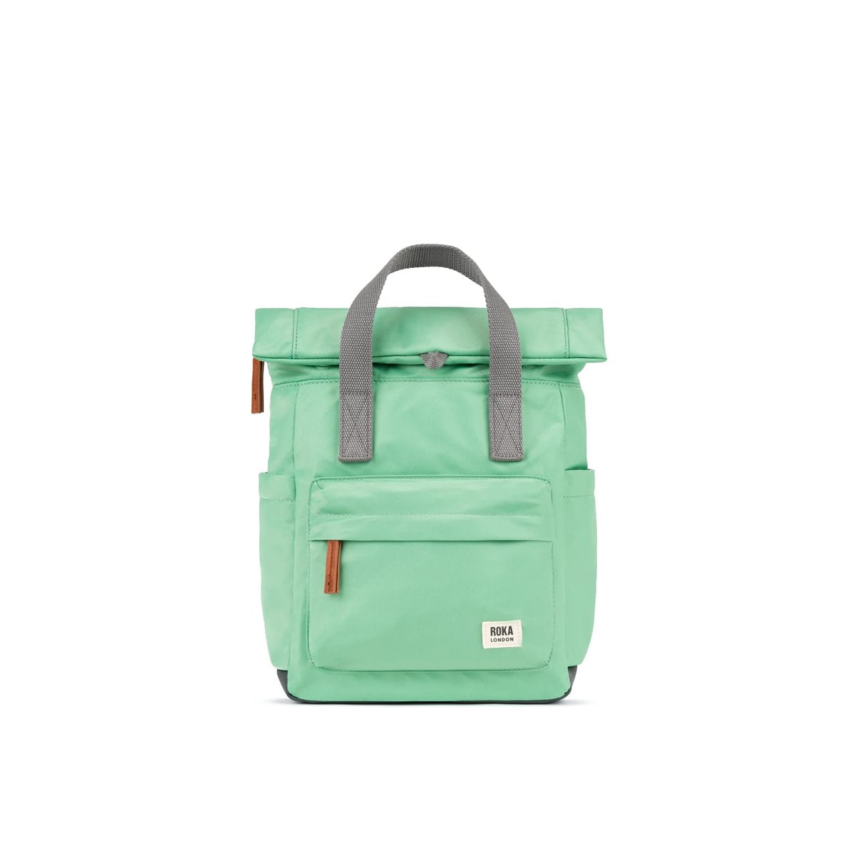Green backpack with gray straps on a white background