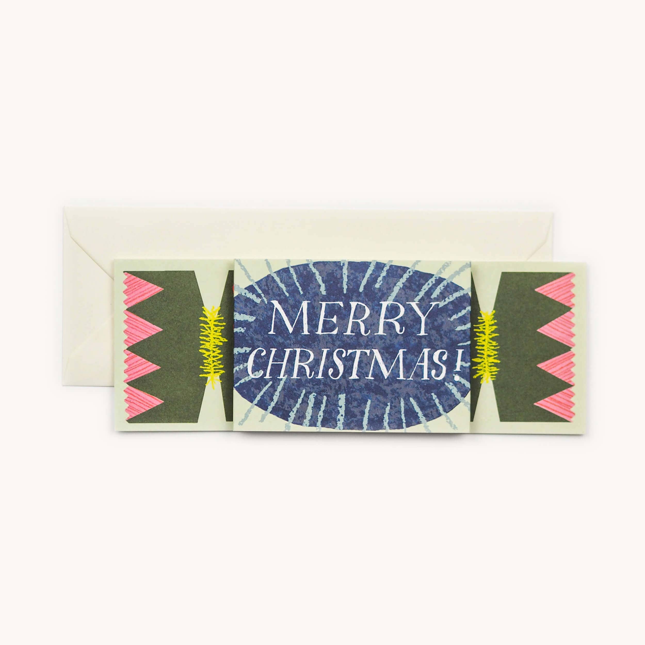 A Christmas card designed like a cracker,  shown folded flat.