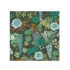 Floral patterned fabric swatch with green, brown, and white colours on a dark background