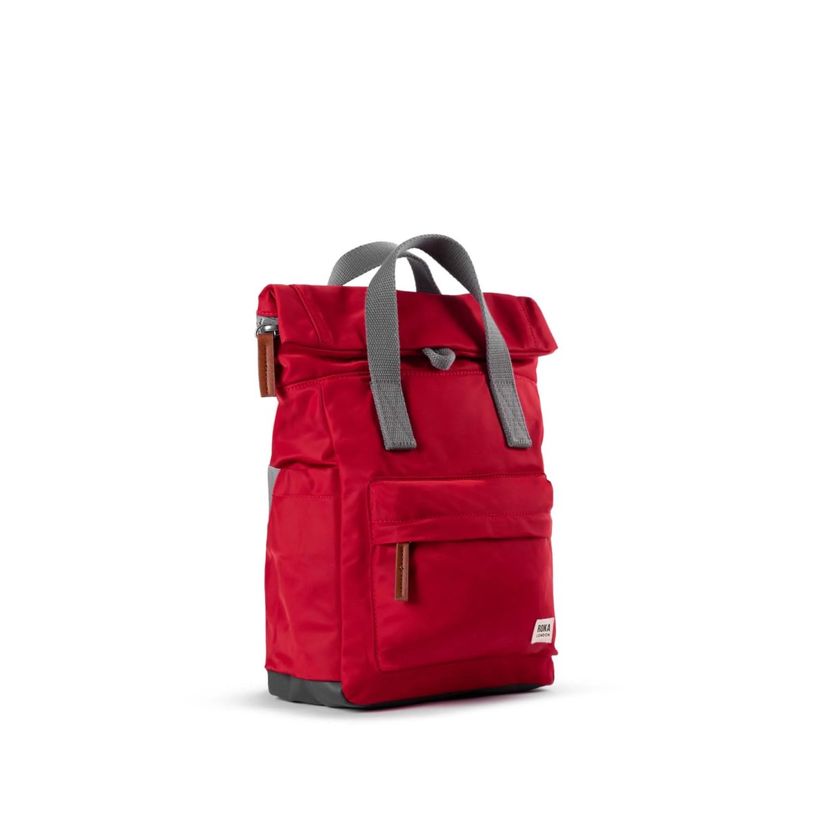 Red backpack with gray straps on a white background