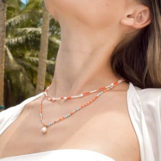 Hand Beaded Pearl Necklace Sunshine Orange and Yellow