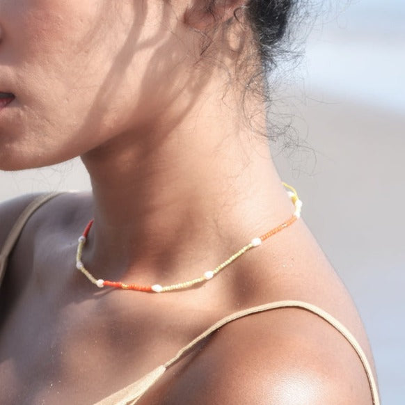 Hand Beaded Pearl Necklace Sunshine Orange and Yellow