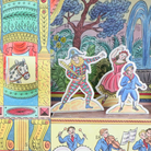 A vintage children's card featuring colorful illustrated scenes and cutout figures. The board includes cutout characters in ornate costumes, a horse panel, decorative columns, and illustrated musicians along the bottom.