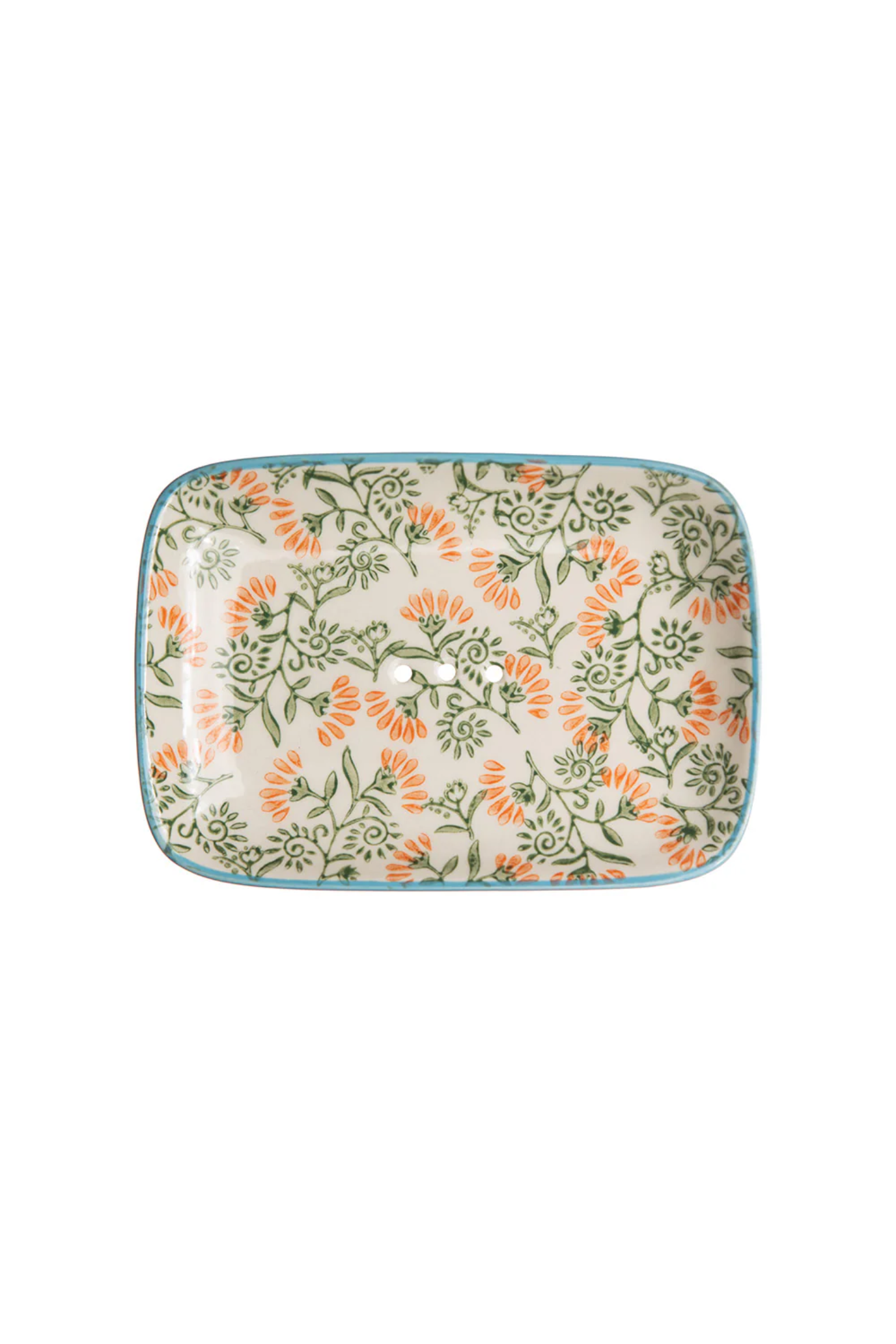 Rectangular soap dish with floral pattern on a white background