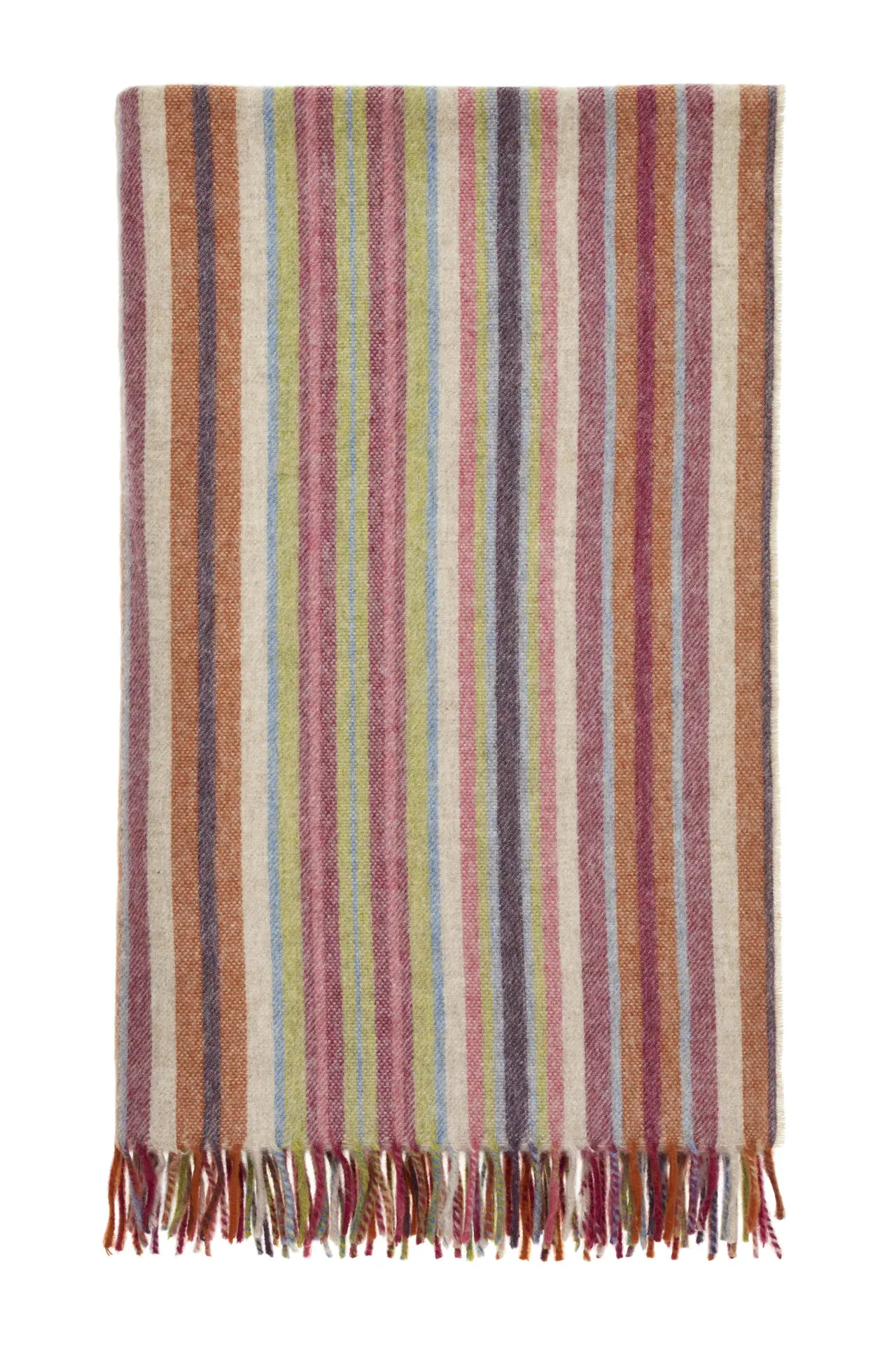Multicoloured striped throw with fringes on a white background