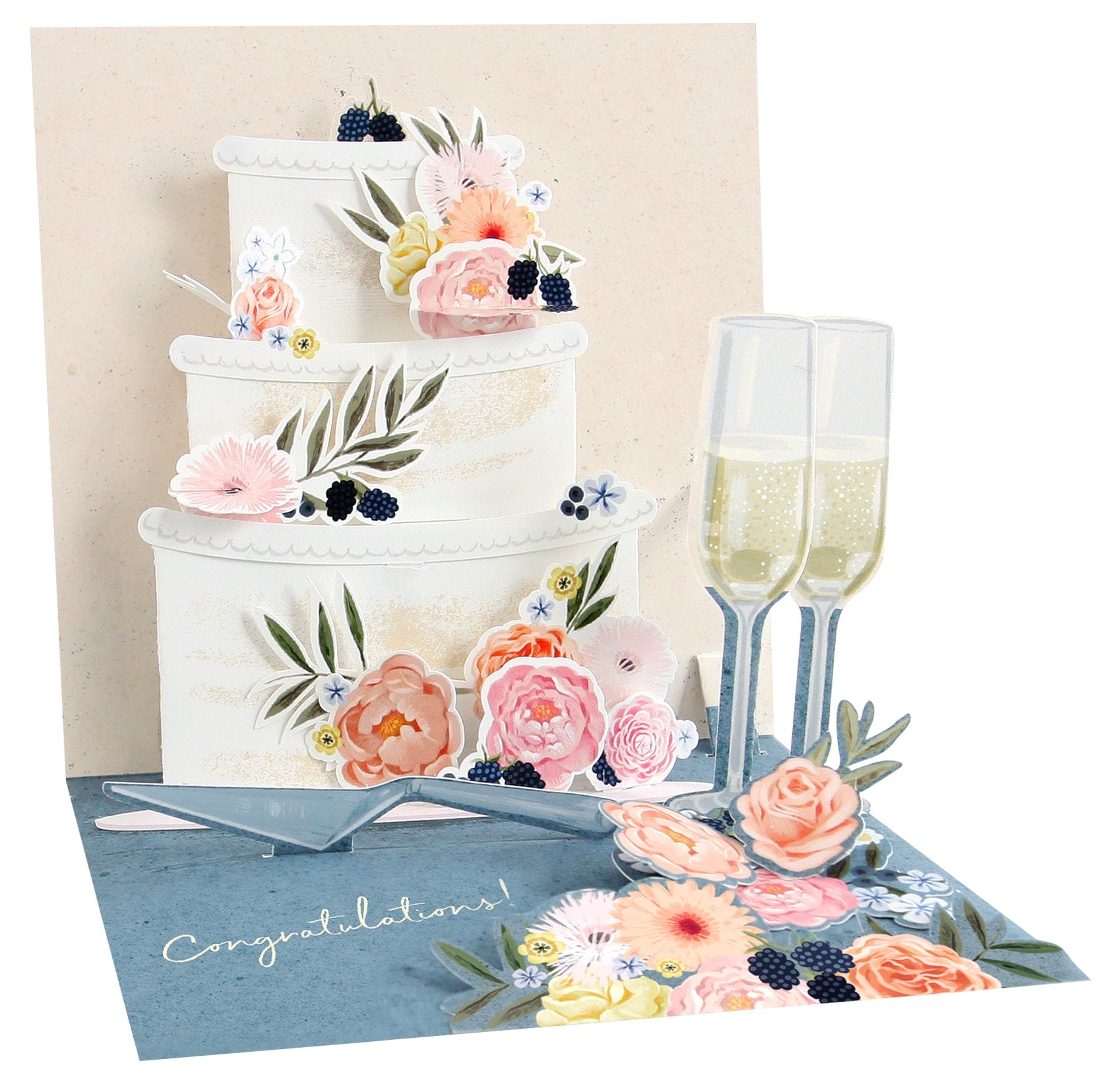 Greeting card with a floral cake and champagne glasses design on a beige background