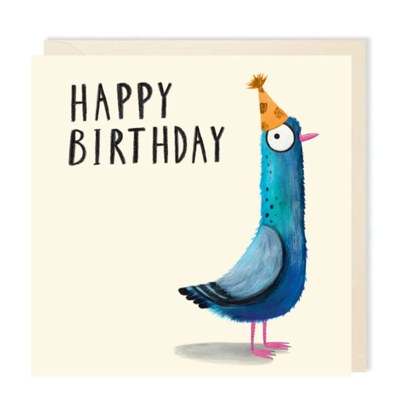 Square birthday card featuring an illustrated pigeon wearing a yellow party hat. Text reads, ‘HAPPY BIRTHDAY’.
