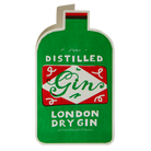 A die-cut paper cutout greetings card shaped like a classic London Dry Gin bottle, featuring a textured green background with a red and white central label design and white text reading 'DISTILLED Gin LONDON DRY GIN'.