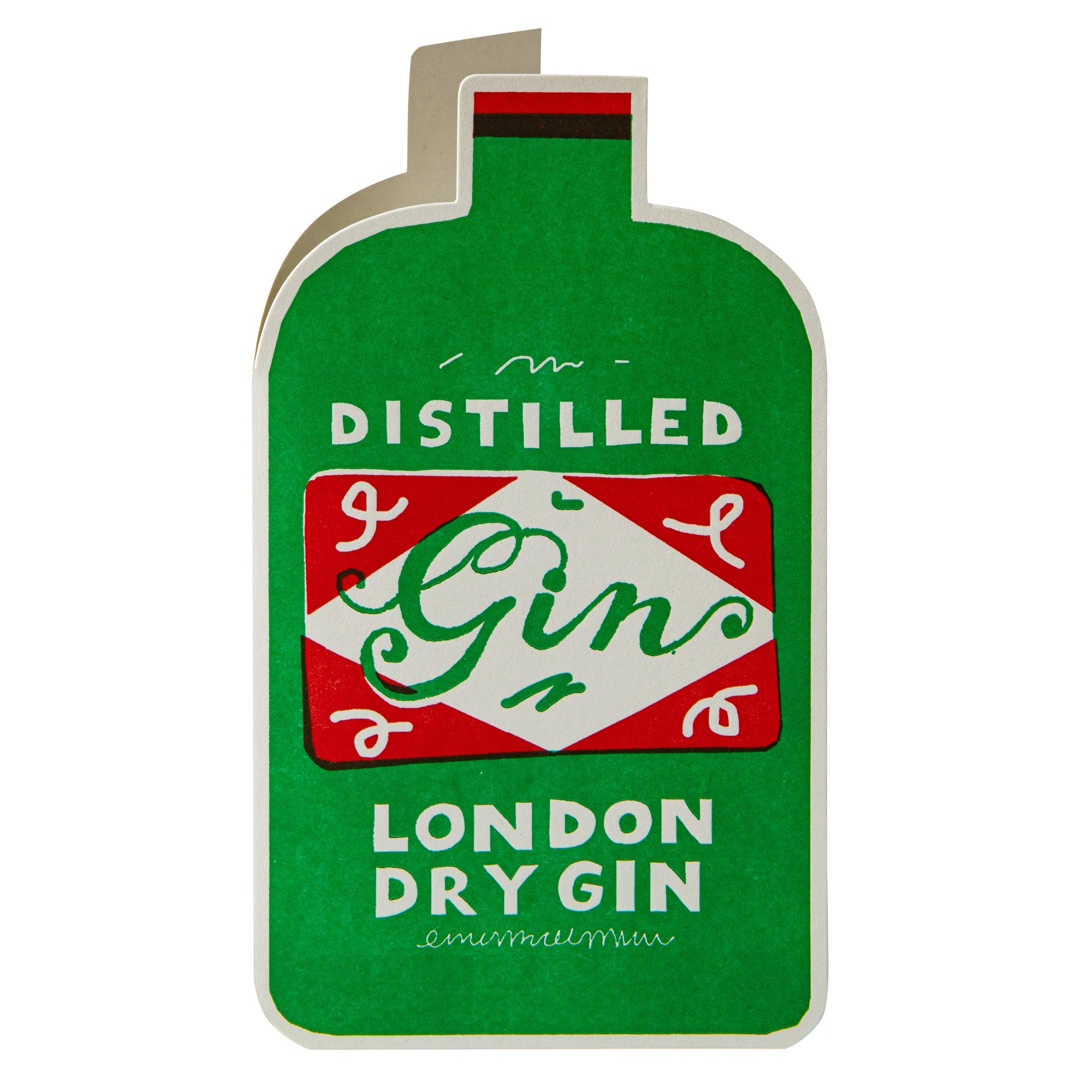 A die-cut paper cutout greetings card shaped like a classic London Dry Gin bottle, featuring a textured green background with a red and white central label design and white text reading 'DISTILLED Gin LONDON DRY GIN'.