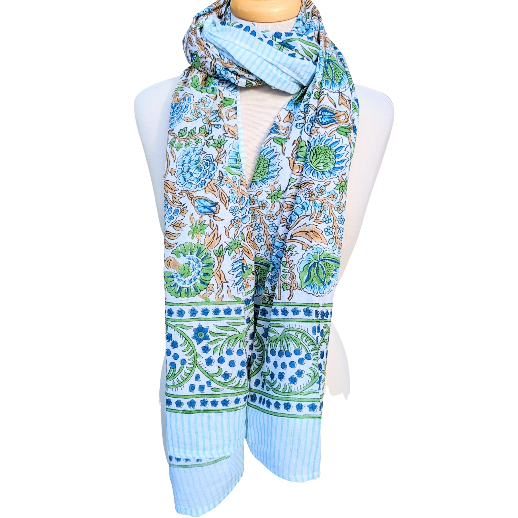 Scarf with floral and patterned design on a white background