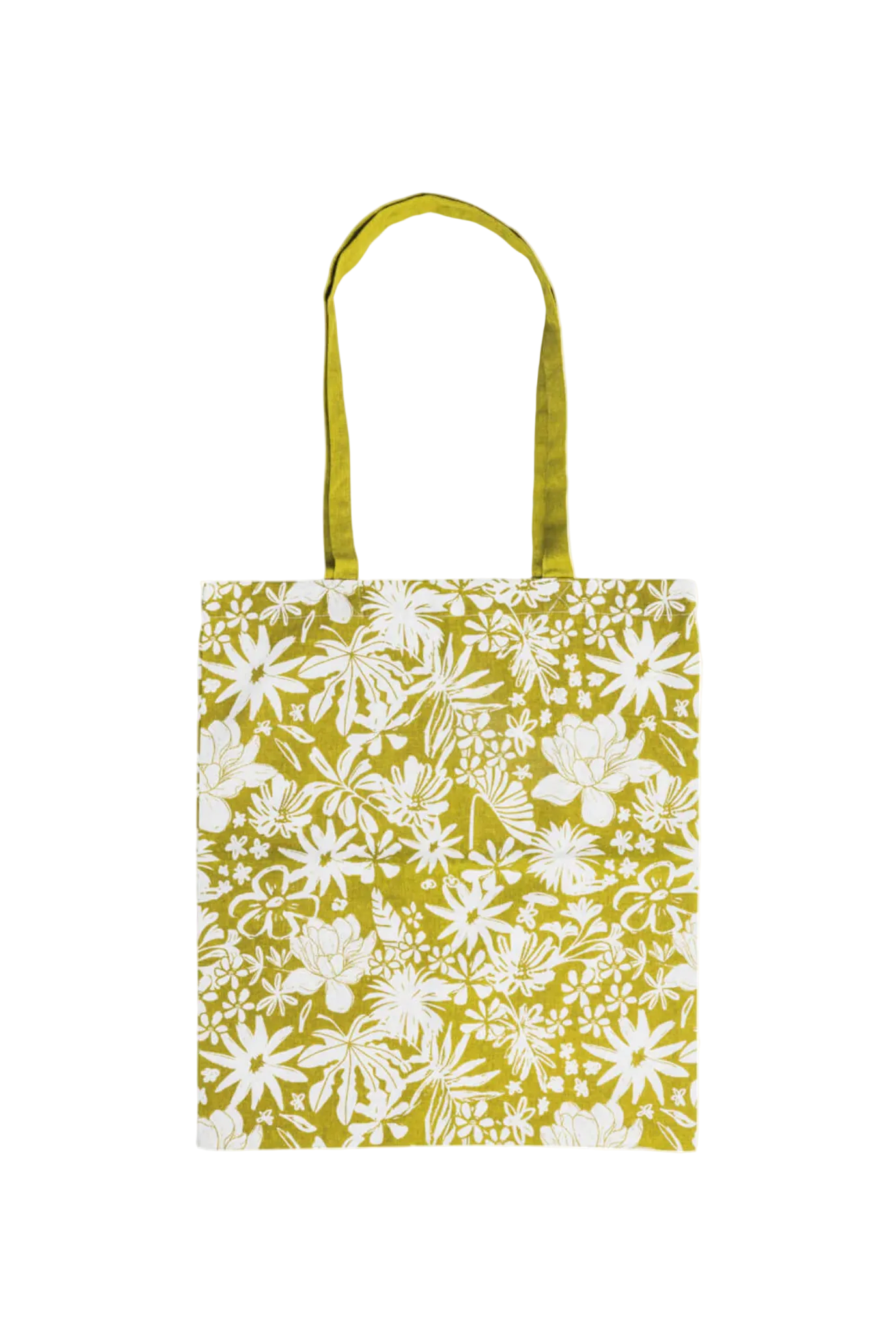 Tote bag with white floral pattern on a white background