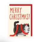 Greetings card reading “Merry Christmas!”  In red capital letters above an illustrated grumpy-looking cat wearing a red party crown and wearing red tinsel around it’s body like a scarf. 