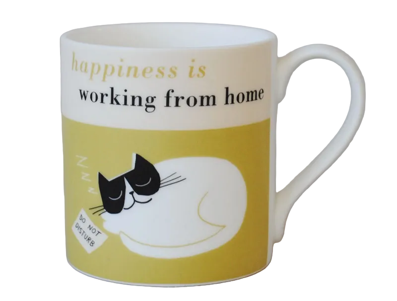 Mug with a cat illustration on a green background and text 'happiness is working from home' shown displayed on a grey background