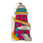 Illustrated cut out greetings card of a colourful helter skelter ride in blue, red and yellow, with a sign reading “Happy Birthday” 