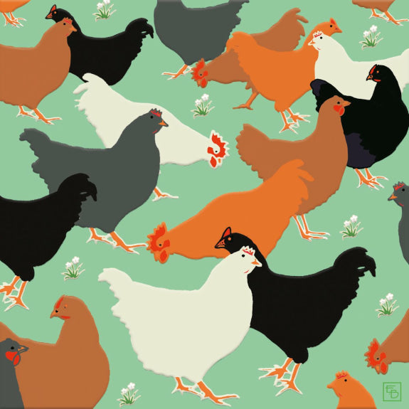 Greetings card featuring artwork of chickens on a green background